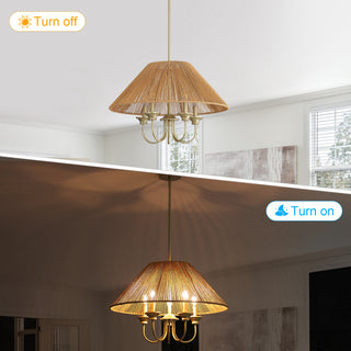 15cm Down Rod Pendant Light, Beige Paper Rope Lampshade with Iron, 12cm Canopy, Boho Hanging Ceiling Light for Dining Room Kitchen Living Room