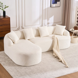 Boneless L-Shape Sectional Sofa with Curved Chaise, White Modular Chenille Couch, High-Density Foam Compression Sofa Sleeper for Living Room, Bedroom, Apartment Lounge