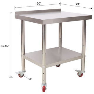 Stainless Steel Prep Table 30x24x35.5" | Heavy-Duty Worktable with Backsplash & Casters
