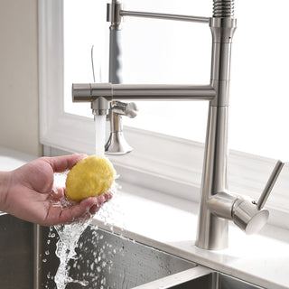 Heavy-Duty Commercial Kitchen Faucet | High-Arc Pre-Rinse Spring Sprayer in Brushed Nickel