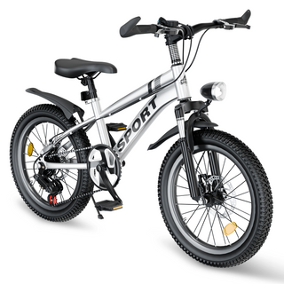 FKZNPJ 20 Inch Kids Mountain Bike for Boys & Girls Ages 7-12 – 7-Speed Gears, Dual Disc Brakes, Shock Absorber Front Fork, LED Light – Silver & Pink