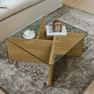 31.5 Inch Glass Coffee Table, Mid-Century Modern Square Coffee Table, Living Room Wooden Coffee Table Antique Square Center Cocktail Table with Tempered Glass Top, Unique Small Space Decorative Table