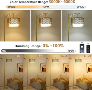 Gold Floor Lamp for Living Room with Remote Control - Dimmable Arc Floor Lamp with 3 Color Temperatures - Boho Standing Lamp with Rattan &amp; Fabric Shades - Modern Tall Adjustable Lamp for Bedroom &amp; Office