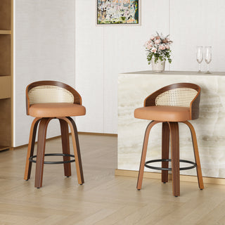 Mid-Century Modern Swivel Bar Stools Set of 2 | Rattan Back and PU Leather
