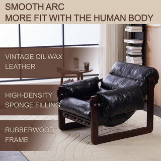 Medieval Modern Lounge Chair – Vintage Oil Wax Leather Sofa Chair with Removable Armrests, Antique Black Decorative Accent Chair