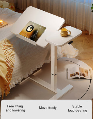 (UPGRADED) Overbed Bedside Desk, Mobile Rolling Laptop Stand Tilting Overbed Table with Wheels, Height Adjustable Tray Bedside Table for Laptop Bed Sofa, WHITE