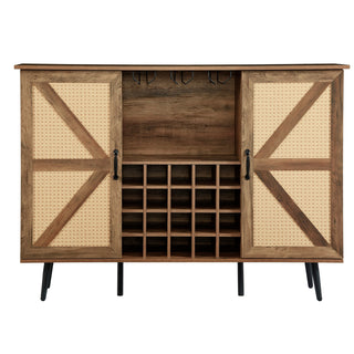 Oak Color Faux Rattan Barn Door Wine Cabinet with Wine Rack & Glass Rack, Double Door Design with Removable Shelves, Rustic Wood Storage Cabinet