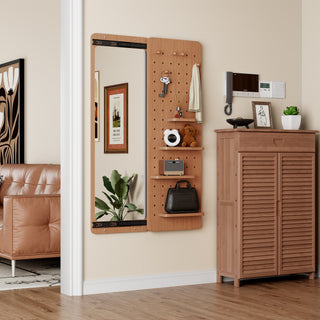 Wall-Mounted Full Length Mirror with Push-Pull Storage Panel, Cherry