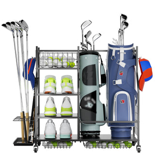 Golf Bag Storage Garage Organizer – Golf Club Bag Storage Rack with Extra Shelves, Heavy-Duty Golf Organizer for Garage, Shed & Basement