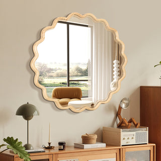 Solid Wood Wavy Mirror – 42" x 42" Natural Wood Vanity Mirror Wall Decor for Bathroom, Bedroom, Living Room, Dining Room, Entryway