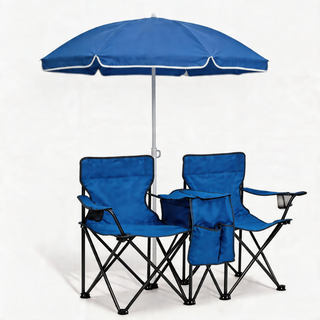 Portable Double Folding Beach Chair Set with Umbrella, 2-Person Outdoor Camping Chair with  Cup Holders, Foldable Patio Chair for Picnic, Backyard, Travel, Blue