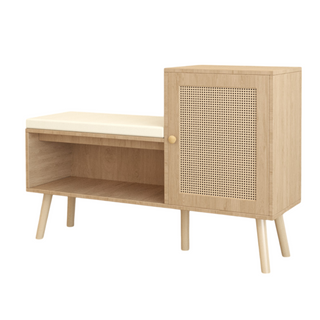 2-in-1 Shoe Storage Bench with Adjustable Shelves, Antique Natural Rattan Finish, PP Rattan and Wood Construction, Modern Entryway Organizer, 39.4 x 27.6 x 11.8 inches