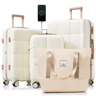 4-Piece Beige Luggage Set - USB Port, Cup Holder, Spinner Wheels