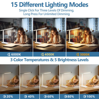 LED Desk Lamp 360°Adjustable, USB Charging Port, 5 Light Modes & Dimmable Brightness, Bedside Lamp for Reading, Craft, Work, Study(White)