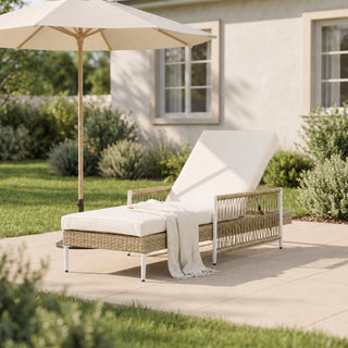 TOPMAX Outdoor All-Weather PE Rattan Chaise Lounge, Minimalist Patio Wicker Lounge Chair with 6 Gear Adjustable Recliner, Arms and Cushion for Poolside, Deck, Beige