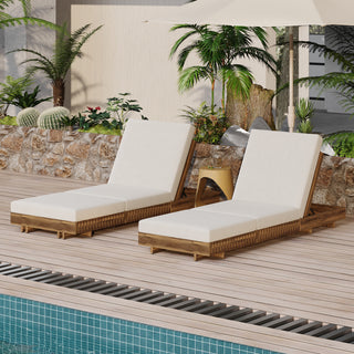 2-Piece Acacia Wood Chaise Lounge Set with Cream Triple-Fold Cushions – Outdoor Recliners (Matching Dark Grey Available)