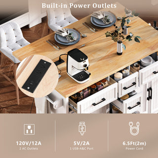K&K 56.5'' Kitchen Island with Drop Leaf, Power Outlet, Embossed Vertical Stripe Rolling Kitchen Cart on Wheels with 4 Doors , 5 Deep Drawers and Adjustable Shelves, for Kitchen, Dining Room, White