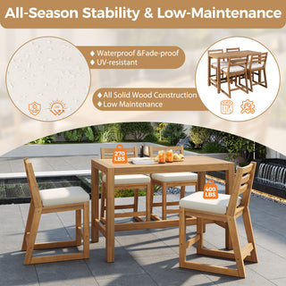 TREXM Rustic Patio Bar Set with Ergonomic Chairs, Solid Wood Slatted Tabletop in Light Teak with Beige Cushion for Poolside, Balcony, Backyard, Porch