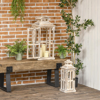 Add a touch of rustic charm to your home with the HOMCOM 2 Pack 28"/20" Large Rustic Wooden Lanterns. These beautifully crafted lanterns are perfect for both indoor and outdoor decor, enhancing your living room, garden, patio, or entryway. Made from high-quality wood with a natural finish, these lanterns feature an open-frame design without glass, allowing you to customize your decor with candles, fairy lights, or other decorative elements. Their vintage-inspired style makes them an ideal accent for any rus