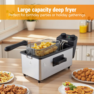 3L 1700W Electric Deep Fryer with Basket | Home Use Stainless Steel Fryer, Temp/Time Control & Dishwasher Safe