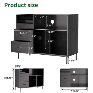 Record Player Stand with Power Outlet & Flip-Down Lid – 27.6" Turntable Table for 300+ Vinyls, Black Wood Grain Media Console with 2 Drawers