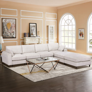 Modern Corduroy Modular Sectional Sofa – 6-Seat U-Shaped Convertible L-Shaped Sofa Set with Pillows, Oversized Sectional Couch with Footstool for Living Room, Apartment, and Office, Heavy Duty White Modular Furniture
