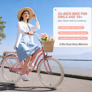 24 Inch Cruiser Bike for Girls, Single Speed Commuter Bicycle with Wicker Basket & Rear Rack, High Carbon Steel Frame Comfort City Bike for Outdoor Riding,Peach Pink Color