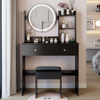 17'' Round LED Mirror Vanity Table and Soft Cushion Stool Set – Touch Switch, 3 Color Lighting, Adjustable Brightness, Large Storage for Small Spaces