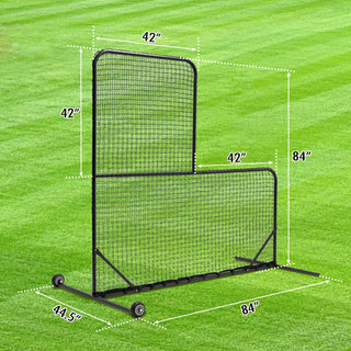 L-Shaped Baseball Net for Batting Cages – 84''H x 84''W with 42'' x 42'' Cutouts, Portable Pitching Net with Wheels and Carry Bag