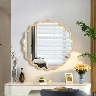 Solid Wood Wavy Mirror – 42" x 42" Natural Wood Vanity Mirror Wall Decor for Bathroom, Bedroom, Living Room, Dining Room, Entryway