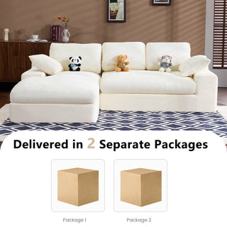 White Corduroy Compressed Sofa | Soft & Skin-Friendly Fabric | Modern Low-Profile Living Room Couch with 3 Back Cushions & 2 Throw Pillows | Cozy Healing Home Atmosphere