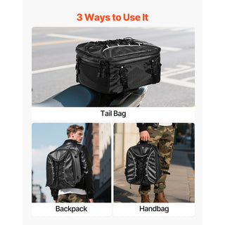 Motorcycle Tail Bag 22–34L Expandable | Waterproof Rear Seat Motorcycle Bag with Rain Cover | Multi-Use Motorbike Luggage Backpack & Handbag – Black