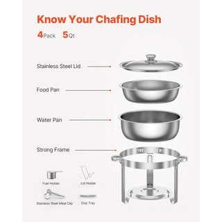 5 Qt 4-pack round chafing dish buffet set silver, view 6