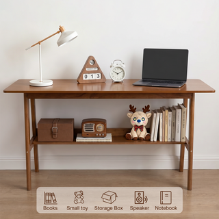 63' Simple Modern Extra Long 2 Person Computer Workstation, Mid Century Long Desk Table with Storage Shelves for Home Office Use in Walnut
