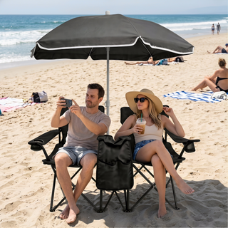 Portable Folding Picnic Chair Set with Umbrella, 2-Person Outdoor Camping Chairs Cup Holders, Foldable Beach Chair Set for Patio, Camping, Backyard, Black