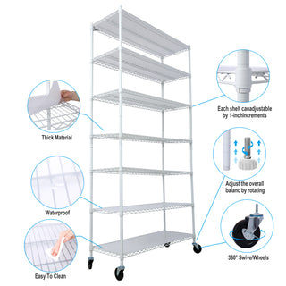 White 7-Tier Metal Shelving Unit | 2450lbs Heavy-Duty Adjustable Storage Rack with Wheels & Liners