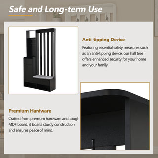 ON-TREND Contemporary 39.3''Wx70.8''H Hall Tree  Storage with Cushioned Storage Bench, Multifunctional Hallway Shoe Cabinet with Pegboard, Modern Coat Rack with 4 Hooks for Entryway, Mudroom, Black