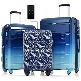 Luggage Set of 3, 20-inch with USB Port, Airline Certified Carry-on Luggage  , ABS+PC Hard Shell Luggage with Spinner Wheels,Indigo Swan