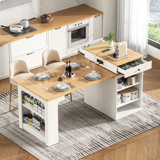 K&K 59.5" Kitchen Island with Extendable Dining Table, White Kitchen Storage Island with Drawers, Power Outlet & Shelves for Dining Room