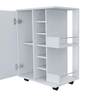 32" H White Bar-Coffee Cart with Cabinet Storage, 4 Wheels, Divided Shelf, Folding Door, and Bottle Holder – Stylish Mobile Storage for Home Bars or Coffee Stations