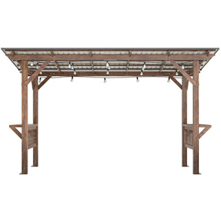Title
13' x 6.5' Wooden Pergola Grill Gazebo with Metal Roof & Bulbs & Bar Counters
