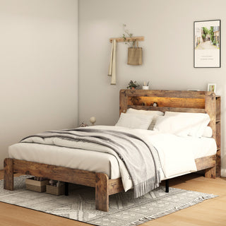 Queen Wood Platform Bed Frame with LED Storage Headboard & USB Ports
