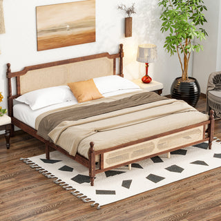 King Pine Platform Bed with Rattan Headboard | Modern Wooden Bed Frame in Walnut