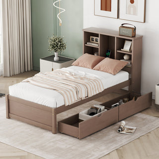 Modern Twin Size Bed Frame with Bookcase Headboard, Built-in USB Charging Ports & 2 Storage Drawers – Walnut Color