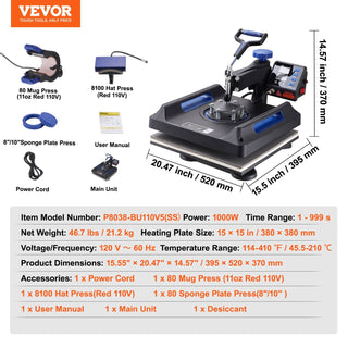 Heat Press 15x15, Upgraded Heat Press Machine 5 in 1, Anti-Scald, Fast-Heating, Swing Away Digital Control Multifunction Heat Press for Sublimation Combo for T-Shirt Hat Cap Mug Plate