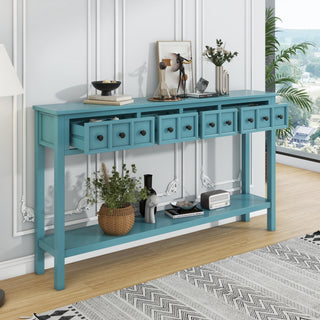 TREXM Rustic Entryway Console Table, 60" Long Sofa Table with two Different Size Drawers and Bottom Shelf for Storage (Turquoise Green)