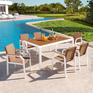 Piece Patio Dining Table Set, Outdoor Wicker Furniture Set of 6 Chairs, Two-Tone Weave Rattan, Acacia Wood Tabletop, Outdoor Dining Set for Backyard and Garden, Brown