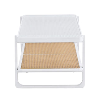 Modern Minimalist White Double-Layered Solid Wood Coffee Table with Glass Top and Imitation Rattan Edge, Rectangular Table for Living Room, Dining Room, and Bedroom