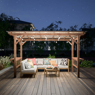 Title
13' x 6.5' Wooden Pergola Grill Gazebo with Metal Roof & Bulbs & Bar Counters
