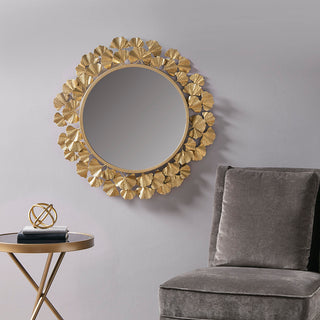 Gold Gingko Leaf Round Wall Mirror 30.5'